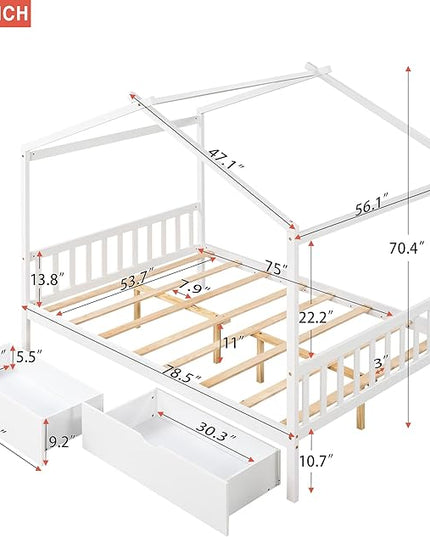 Full Size Bed Frame with Headboard and Footboard, Low House Bed/Full Bed Frame with Storage Drawer, Wood Bed Frame for Kids, Girls, Boys (White Drawer, Full) - LeafyLoom