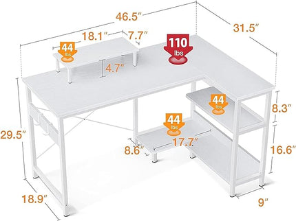 ODK 47 Inch Small L Shaped Computer Desk with Reversible Storage Shelves, L-shaped Corner Desk with Monitor Stand for Small Space, Modern Simple Writing Table for Home Office Workstation, White - LeafyLoom