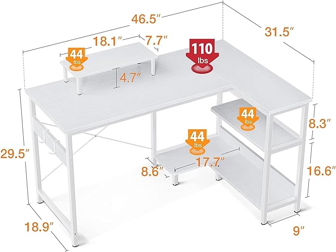 ODK 47 Inch Small L Shaped Computer Desk with Reversible Storage Shelves, L-shaped Corner Desk with Monitor Stand for Small Space, Modern Simple Writing Table for Home Office Workstation, White - LeafyLoom