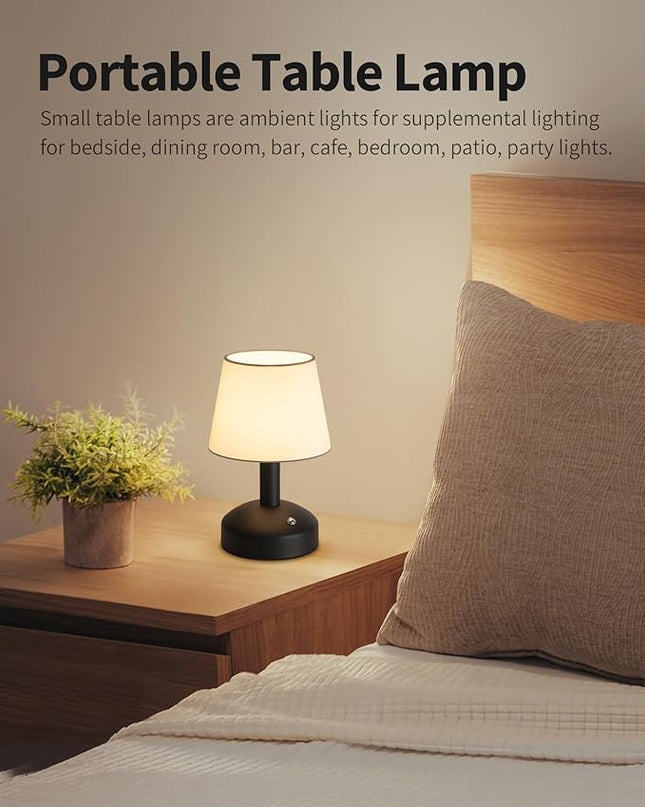 KDG Modern Cordless Small Table Lamp, Portable LED Fabric Shade Desk Lamps, 5000mAh Rechargeable Battery Operated Lighting for Bedroom, Bedside, Bar, Living Room, Dining Room, Night Light(Black) - LeafyLoom
