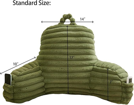 WERDIM Reading Pillow for Sitting in Bed, Faux Fur Back Pillow for Bed Rest, Bed Chair Pillow with Arms and Pockets(Standard, Sage) - LeafyLoom
