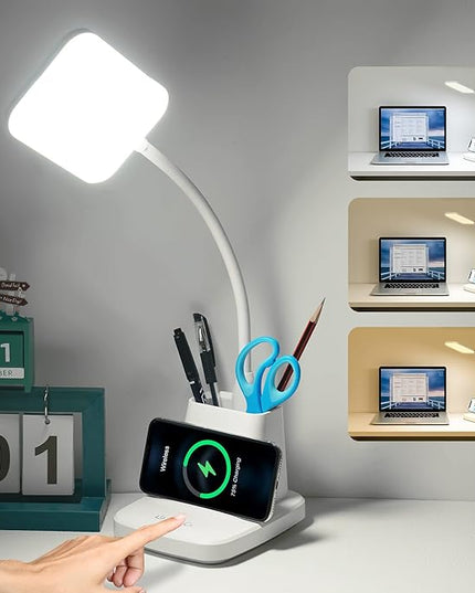 LED Desk Lamp with Wireless Charger, Sailstar White Desk Light with Pen Holder, 3 Color Modes with Stepless Dimming, CRI 85, 800 Lumen, Study Lamps for College Dorm Room, Home Office, Adapter Included - LeafyLoom