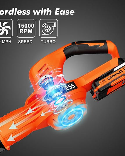 Leaf Blower Cordless - 21V Electric Cordless Leaf Blower with 2 Batteries and Charger, 2 Speed Mode, 2.0Ah Lightweight Battery Powered Leaf Blowers for Lawn Care, Patio, Blowing Leaves - LeafyLoom
