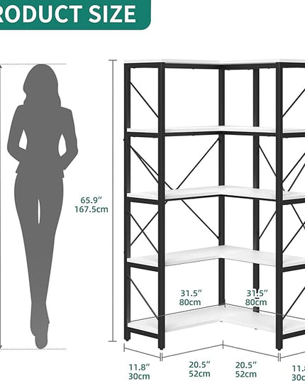 YITAHOME Corner Bookshelf, 5-Tier L-Shaped Bookcase Storage Organizer, Tall Open Display Freestanding Storage Rack Modern Book Shelf for Living Room, Bedroom, Home Office, White - LeafyLoom