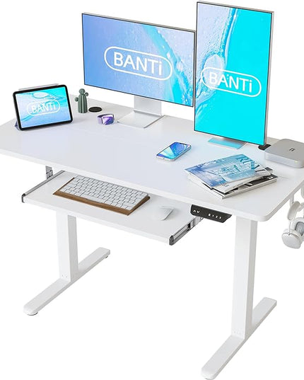BANTI 48" x 24" Height Adjustable Electric Standing Desk with Keyboard Tray, Sit Stand up Desk with Splice Board, White Frame/White Top - LeafyLoom