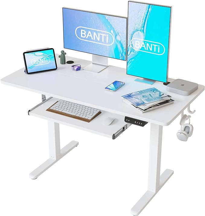 BANTI 48" x 24" Height Adjustable Electric Standing Desk with Keyboard Tray, Sit Stand up Desk with Splice Board, White Frame/White Top - LeafyLoom