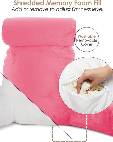 Clara Clark Reading Pillow, Large Back Pillow for Sitting Up in Bed, Memory Foam Back Support Pillow, Reading Pillows for Sitting in Bed Adult, Light Pink Sit Up Pillow for Bed with Arms and Pockets - LeafyLoom