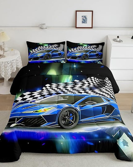 Feelyou Blue Racing Car Comforter Set Queen Size, Fast and Furious Extreme Sport Games Bedding Sets for Kids Boys Teens,Sports Car Bed in A Bag,Cool Modern Duvet Insert with 2 Pillowcases - LeafyLoom