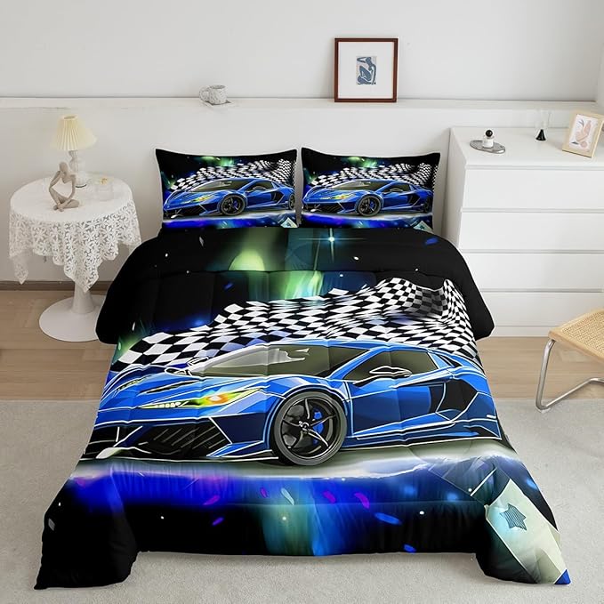 Feelyou Blue Racing Car Comforter Set Queen Size, Fast and Furious Extreme Sport Games Bedding Sets for Kids Boys Teens,Sports Car Bed in A Bag,Cool Modern Duvet Insert with 2 Pillowcases - LeafyLoom
