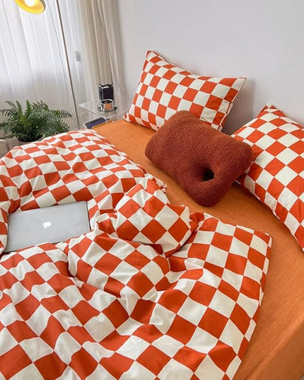 Wellboo Orange White Plaid Comforter Sets Full Women Girls Light Red Checkerboard Bedding Comforters Cotton Rust Caramel and White Checkered Geometric Quilts Adults Modern Grid Abstract Simple Bed - LeafyLoom