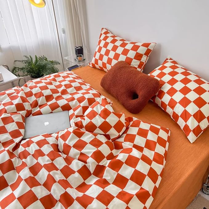 Wellboo Orange White Plaid Comforter Sets Queen Women Girls Light Red Checkerboard Bedding Comforters Cotton Rust Caramel and White Checkered Geometric Quilts Adults Modern Grid Abstract Simple Bed - LeafyLoom