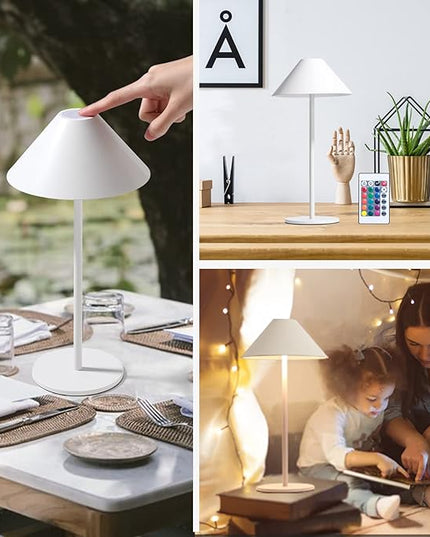 oneleaf Table Lamp RGB Modern LED Cordless,Rechargeable Battery Touch Desk lamp with remote control, Night Light, Metal Shell, for Couple Dinner/Restaurant/Bedroom/Camp-White - LeafyLoom
