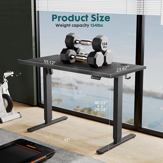SMUG Standing Desk, Adjustable Height Electric Sit Stand Up Down Computer Table, 55x24 Inch Ergonomic Rising Desks for Work Office Home, Modern Gaming Desktop Workstation, Black - LeafyLoom