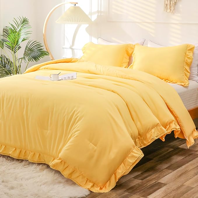 Yellow Double Ruffle Comforter Set Queen Size (90x90 Inch), 3 Pcs Farmhouse Vintage Comforter Set (1 Ruffled Comforter and 2 Pillowcase), Rustic All Season Down Alternative Bedding Set - LeafyLoom