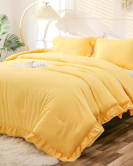 Yellow Double Ruffle Comforter Set Full Size (79x90 Inch), 3 Pcs Farmhouse Vintage Comforter Set (1 Ruffled Comforter and 2 Pillowcase), Rustic All Season Down Alternative Bedding Set - LeafyLoom