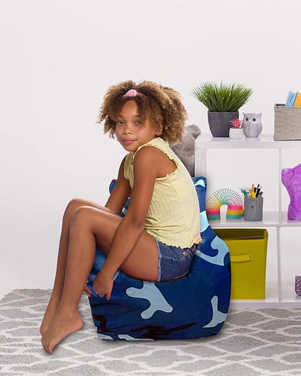Posh Creations Structured Comfy Bean Bag Chair for Gaming, Reading and Watching TV, Pasadena Chair, Nylon - Camo Blue and Light Blue - LeafyLoom