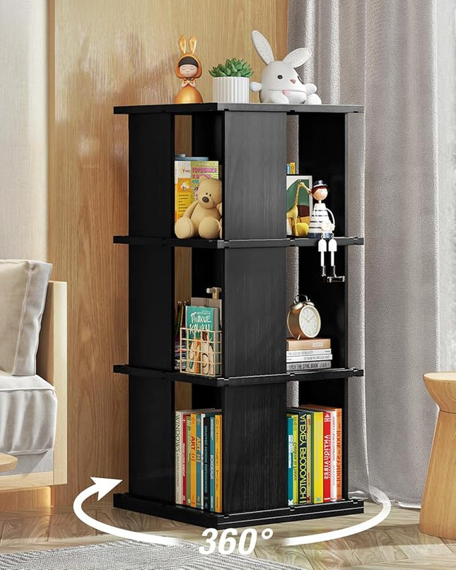 Rotating Bookshelf, 3-Shelf 360° Solid Wood Book shelf Tower, Stackable Revolving Bookcase Organizer for Living Room, Bedroom, Study(Black) - LeafyLoom
