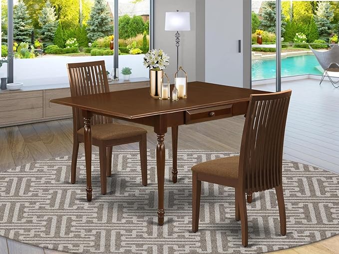 East West Furniture Monza 3 Piece Room Furniture Set Contains a Rectangle Kitchen Table with Dropleaf and 2 Linen Fabric Upholstered Dining Chairs, 36x54 Inch, Mahogany - LeafyLoom