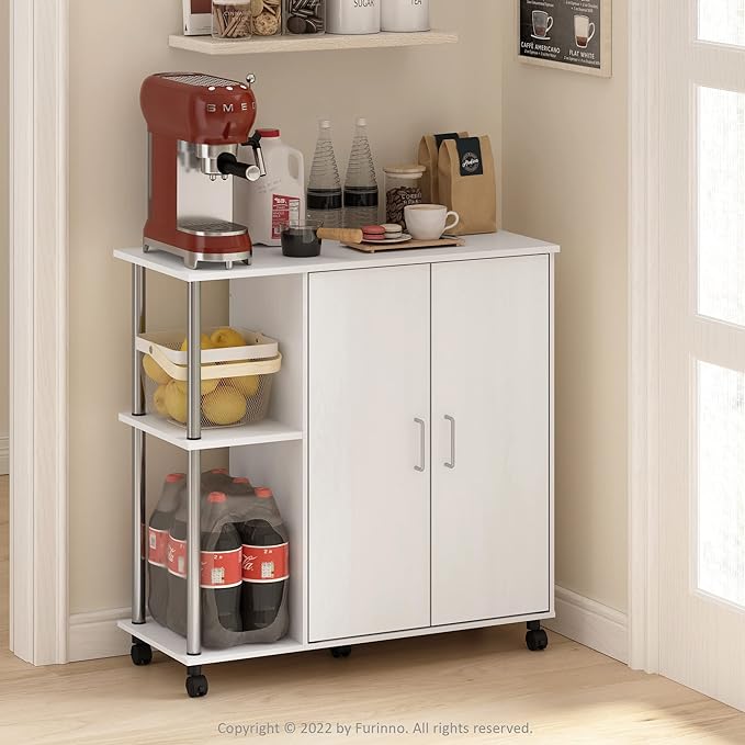 Furinno Helena Utility Kitchen Island and Storage Cart on Wheels, 3-Tier, Stainless Steel Tubes, White Oak/Chrome - LeafyLoom