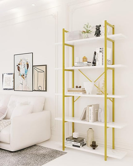 5 Tiers Bookshelf Organizer White Faux Marble Shelf,Modern Open Display Storage Bookcase, and Metal Bookshelf Standing Storage Shelf Tall Shelving Units for Home Office Study - LeafyLoom
