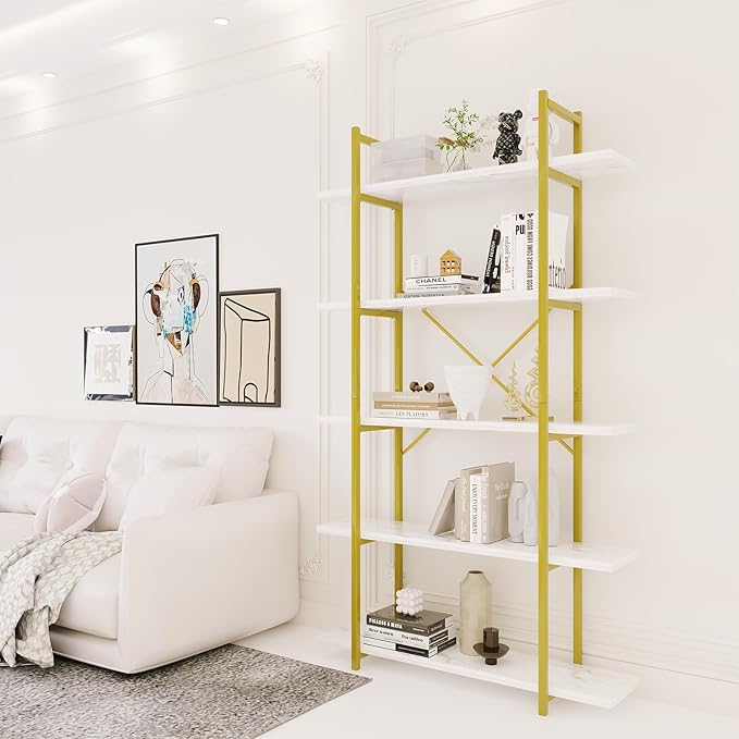 5 Tiers Bookshelf Organizer White Faux Marble Shelf,Modern Open Display Storage Bookcase, and Metal Bookshelf Standing Storage Shelf Tall Shelving Units for Home Office Study - LeafyLoom