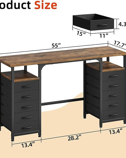 Desk with 10 Fabric Drawers Classified Organizer - 55"/140 Office Desks with Ample Storage, Computer Work Desk Study Writing Table Workstation for Home Office Space Deep Black - LeafyLoom