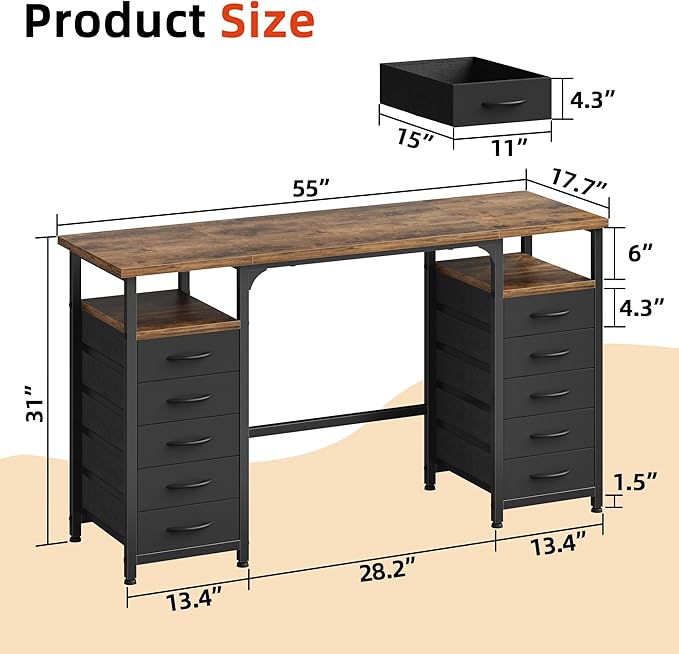 Desk with 10 Fabric Drawers Classified Organizer - 55"/140 Office Desks with Ample Storage, Computer Work Desk Study Writing Table Workstation for Home Office Space Deep Black - LeafyLoom