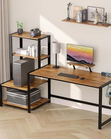 GreenForest Computer Desk 67 inch with Storage Printer Shelf Reversible Home Office Desk Large Study Writing Table with Movable Monitor Stand and 2 Headphone Hooks for PC Gaming Working, Walnut - LeafyLoom