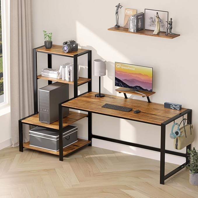 GreenForest Computer Desk 67 inch with Storage Printer Shelf Reversible Home Office Desk Large Study Writing Table with Movable Monitor Stand and 2 Headphone Hooks for PC Gaming Working, Walnut - LeafyLoom