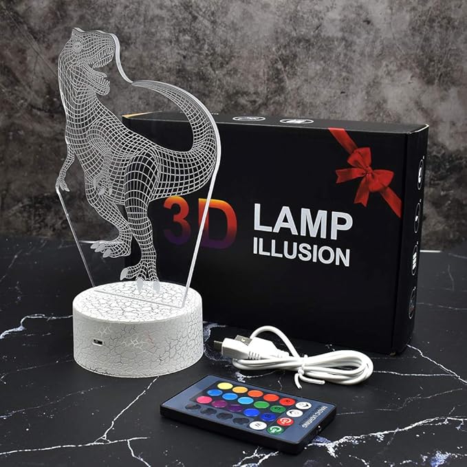 LETOUR Night Light for Kids Dinosaur 3D Night Light Porpoise Illusion Lamp with Remote Control 16 Color Changing Xmas Halloween Birthday Gift for Child Baby Boy (Remote - Ice Crack Base) - LeafyLoom