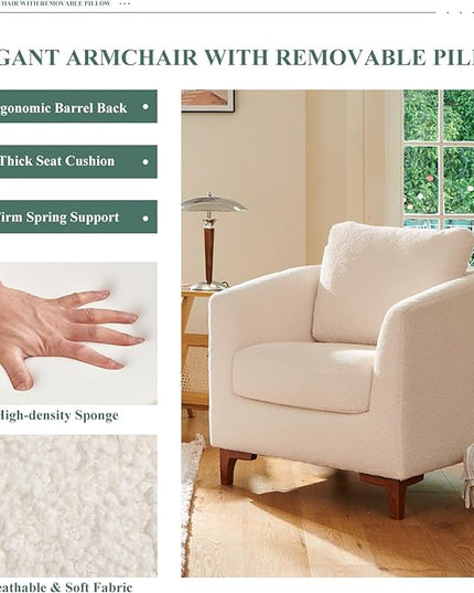 COLAMY Sherpa Accent Chair with Storage Ottoman Set, Upholstered Barrel Arm Chair with Footrest, Modern Living Room Chair with Back Pillow, Cream - LeafyLoom