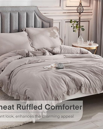 Andency California King Comforter Set Wheat (104x96Inch), 3 Pieces Cal King Ruffle Comforter, Oversized Farmhouse Shabby Chic Bed Comforter, Lighteweight and Soft Microfiber Bedding Set - LeafyLoom