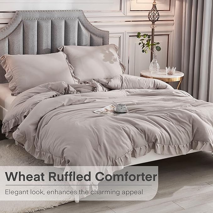 Andency California King Comforter Set Wheat (104x96Inch), 3 Pieces Cal King Ruffle Comforter, Oversized Farmhouse Shabby Chic Bed Comforter, Lighteweight and Soft Microfiber Bedding Set - LeafyLoom