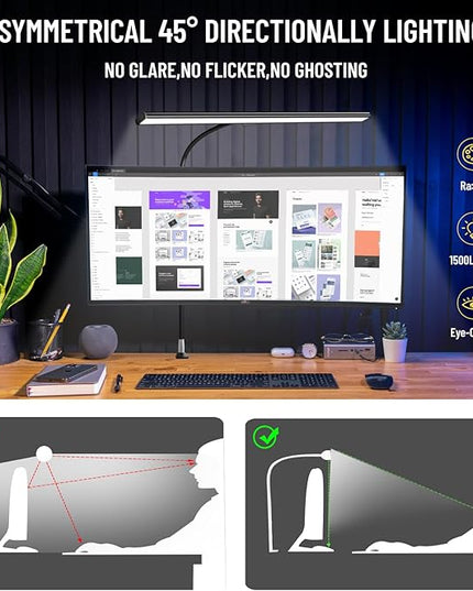 LED Desk Lamp with Clamp, Eye-Caring Architect Desk Lamps for Home Office, 24W Ultra Bright LED 30 Lighting Modes Adjustable, Studio Work Lamp for Task, with Remote Control Table Light - LeafyLoom