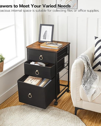 HOOBRO 3-Drawer Mobile File Cabinet, Vertical Filing Cabinet, Office Cabinet, Filing Cabinet for Home Office, Rolling Printer Stand, A4/Letter-Sized, Nonwovens Drawer, Rustic Brown and Black BFK30WJ01 - LeafyLoom