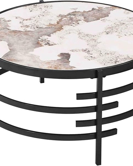 Round Coffee Table Coffee Tables for Living Room Sintered Stone Marble Top Sturdy Metal Frame (Grey, 31.50 inches) - LeafyLoom