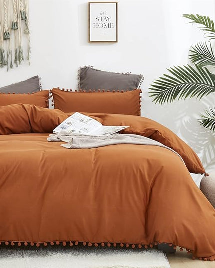 Pumpkin Comforter Set King Burnt Orange Pom Comforter 3 Pieces Pumpkin Color Boho Ball Pom Fringe King Comforter Bedding Set Women Solid Pumpkin King Bed Comforter Set All Season Gift - LeafyLoom