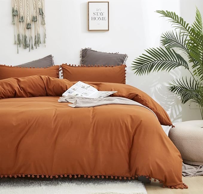 Pumpkin Comforter Set Full Burnt Orange Pom Comforter 3 Pieces Pumpkin Color Boho Ball Pom Fringe Full Comforter Bedding Set Women Solid Pumpkin Full Bed Comforter Set All Season Gift - LeafyLoom