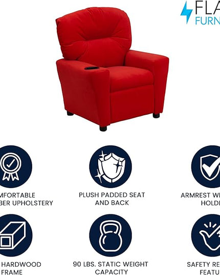 Flash Furniture Chandler Microfiber Kids Recliner with Cup Holder and Safety Recline, Contemporary Reclining Chair for Kids, Supports up to 90 lbs., Red - LeafyLoom