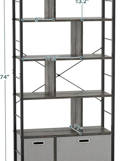 armocity 74 Inch Tall Bookshelf, 6 Tier Bookcase with Drawers, Modern Book Shelf Display Standing Shelf Units with Storage, Wood and Metal Bookshelves for Living Room, Bedroom, Home Office, Grey Oak - LeafyLoom