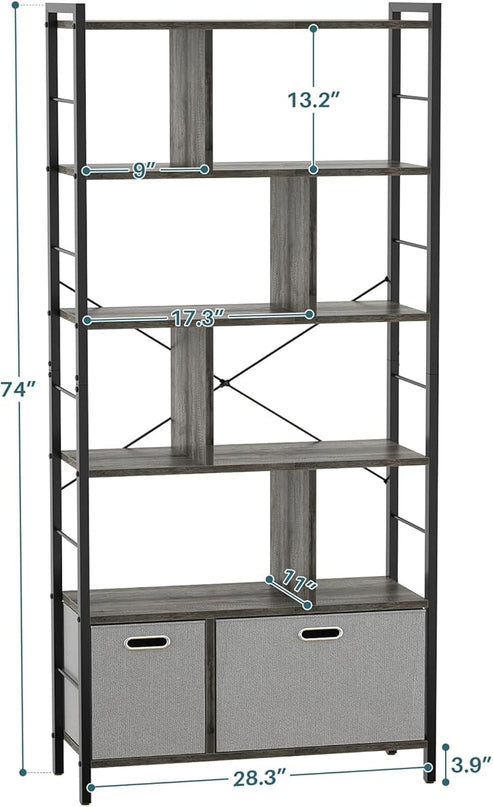 armocity 74 Inch Tall Bookshelf, 6 Tier Bookcase with Drawers, Modern Book Shelf Display Standing Shelf Units with Storage, Wood and Metal Bookshelves for Living Room, Bedroom, Home Office, Grey Oak - LeafyLoom