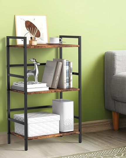 DOMYDEVM Small Bookshelf with Storage Organizer Shelf 3-Tier Wood Book Shelves with Metal Frame for Home Office, Bedroom, Living Room, Rustic Brown Bookshelf - LeafyLoom