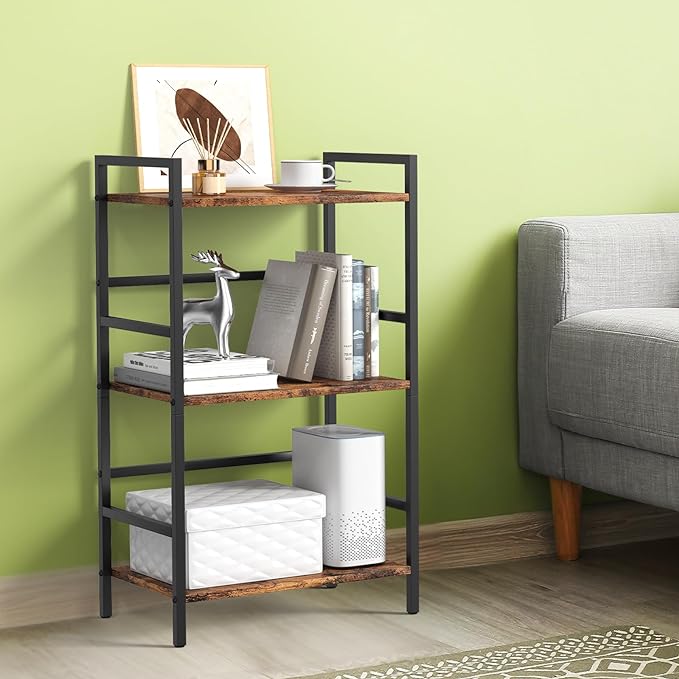 DOMYDEVM Small Bookshelf with Storage Organizer Shelf 3-Tier Wood Book Shelves with Metal Frame for Home Office, Bedroom, Living Room, Rustic Brown Bookshelf - LeafyLoom