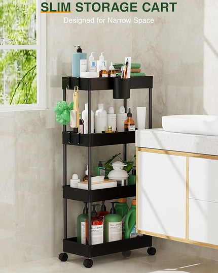 LEHOM Slim Rolling Storage Cart - 4 Tiers Bathroom Organizer Utility Cart Slide Out Storage Shelves Mobile Shelving Unit for Kitchen, Bedroom, Office, Laundry Room, Small Narrow Spaces Black - LeafyLoom