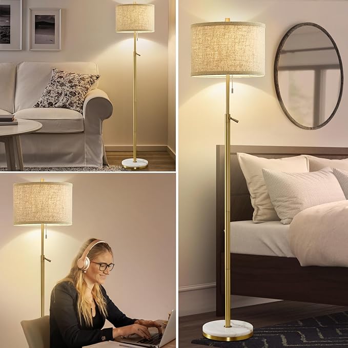 Marble Floor Lamp, Adjustable Height Standing Lamp with Marble Base Tall Lamp with Pull Chain Switch Floor Lamps for Living Room, Bedroom & Office Bulbs Not Included(Gold) - LeafyLoom