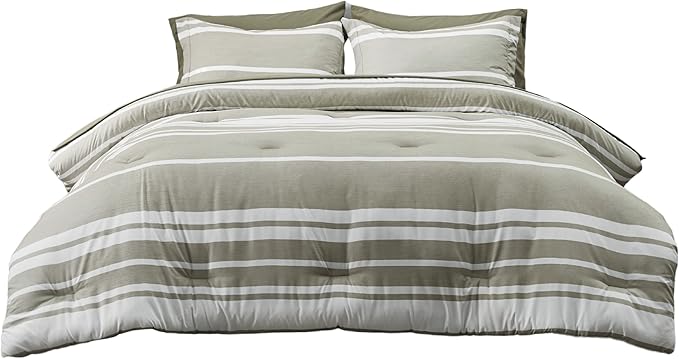 Bedsure Full Size Bedding Sets 7 Pieces, Olive Green White Striped Bedding Comforter Sets All Season Bed Set, 2 Pillow Shams, Flat Sheet, Fitted Sheet and 2 Pillowcases - LeafyLoom