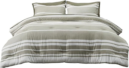 Bedsure Bed in a Bag King 7 Pieces, Olive Green White Striped Bedding Comforter Sets All Season Bed Set, 2 Pillow Shams, Flat Sheet, Fitted Sheet and 2 Pillowcases - LeafyLoom