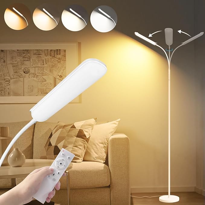Floor Lamp White, Upgrade 18W 1800LM Super Bright LED Floor Lamp with Remote, Dimmable Timing Eye Caring Reading Light Modern Standing Floor Lamp for Living Room Bedroom Office - LeafyLoom