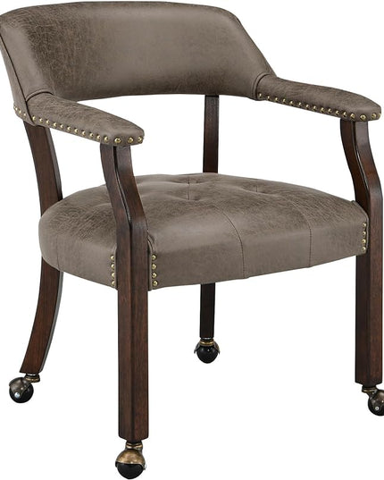 Dining Chairs with Casters and Arms, Accent Kitchen Table Chairs with Wheels, Roller Poker Table Chairs, Wooden Captains Chair, Espresso Legs & Dark Brown SY-318-DK - LeafyLoom