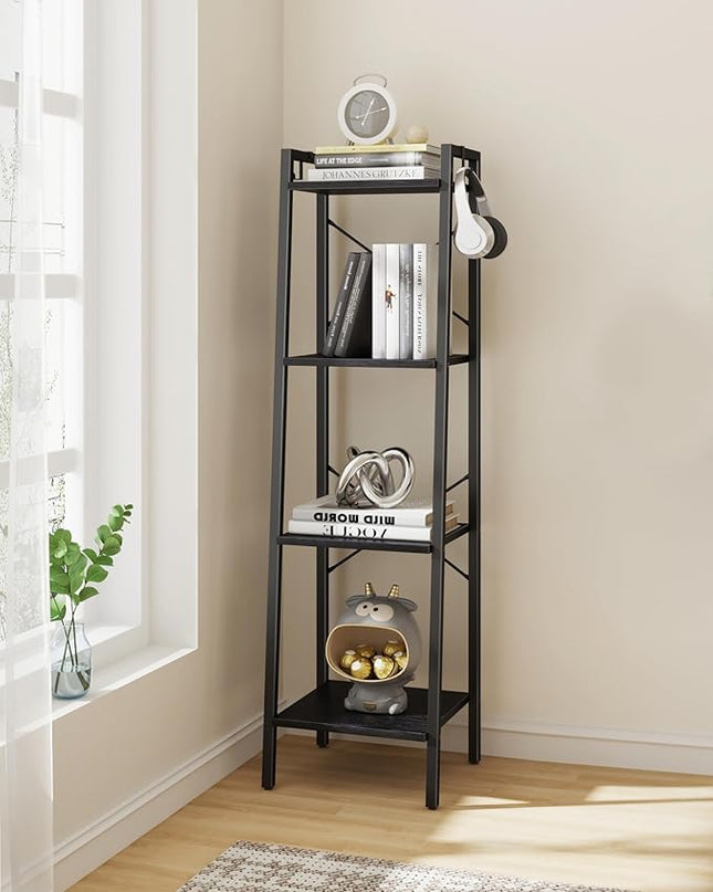 Ladder Shelf, Bookshelf Bookcase, Freestanding Corner Storage Shelve with 2 Hooks for Home Office, Living Room, Kitchen, Bedroom, Industrial, 4-Tier Black BC13204B - LeafyLoom